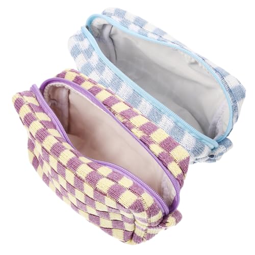 DRESSOOS 2stücke Karierte Schminktasche Mit Reißverschluss Baumwoll-Kosmetiktasche Für Reise Make-up-Organizer Für Frauen Tragbare Pinseltasche Zum Organisieren von DRESSOOS