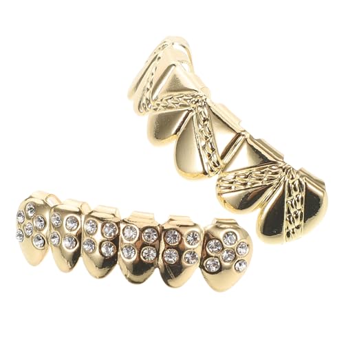 DRESSOOS 2 Stücke Teiliges Hip Hop Mundgrill Set mit Goldbeschichtung für Halloween Glänzende Fake Zähne für Männer und Frauen Stilvolle Rapper Accessoires Dekoration für Partys von DRESSOOS