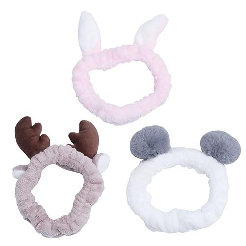 DRESSOOS 3stücke Haarbänder Mit Elastischen Pompons Und Niedlichen Hasenohren Sowie Antler-design Plüsch-stirnbänder Für Make-up Gesichtsreinigung Und Tägliche Nutzung von DRESSOOS