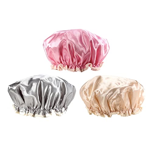 DRESSOOS 3stücke Teiliges Wasserdichte Duschhauben Aus Satin Für Damen Wiederverwendbare Badekappen Für Haar Und Hautschutz Beim Baden Kochen Oder Spa Elastisches Design Für von DRESSOOS