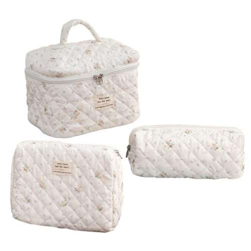 DRESSOOS 3stücke Teiliges Set Aus Großen Gesteppten Kosmetiktaschen Mit Floralen Mustern Für Damen Baumwoll-Make-up-Taschen Verschiedenen Für Reisen Und Tägliche Nutzung von DRESSOOS