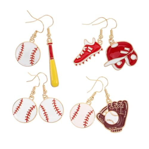 DRESSOOS 4 Paar Baseball Ohrringe Damen Cartoon Design Leichte Asymmetrische Baseballschläger und Mütze Ohrringe Sportliches Schmuckset für Mädchen Freundin von DRESSOOS