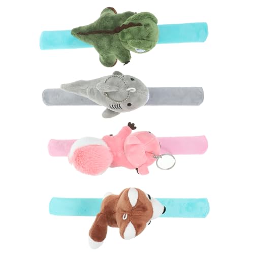 DRESSOOS 4 Stück Teiliges Plüsch Tier Schnapparmband Weiches Cartoon Armband mit Niedlichen Dinosaurier Husky Eichhörnchen Motiven Hautfreundlich Bequem als Geburtstagsmitbringsel und von DRESSOOS
