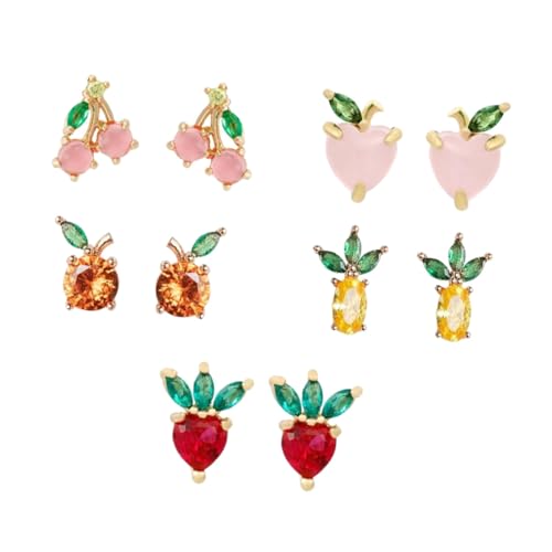 DRESSOOS 5 Paare Tropische Frucht Ohrringe für Frauen Kreative Ohrstecker Silber mit Funkelnden Kirsche Ananas Erdbeere für Alltag Chic und von DRESSOOS