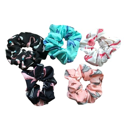 DRESSOOS 5stücke Elastische Haarbänder Für Damen Und Mädchen Mit Flamingo-prints Pferdeschwanzhalter Aus Dehnbarem Stoff Nahtlos Leuchtende Farben Zubehör Für Tägliche Benutzung von DRESSOOS