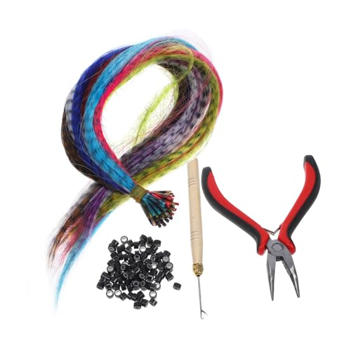 DRESSOOS 50 Stück Haarverlängerungsset aus Synthetischen Federn mit Häkelnadel Zange und Ringen Farbenfrohe Kunstfederhaare für Individuelles Styling von DRESSOOS