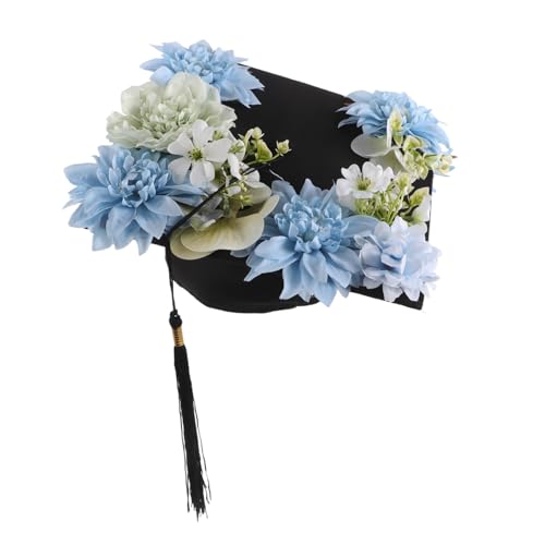 DRESSOOS Blauer Abschluss Hut mit Blumenmotiv Verstellbare Quaste Klassischer Quadratischer Doktorhut Erwachsene Abschlussfeier Deko Fotorequisite für Party von DRESSOOS