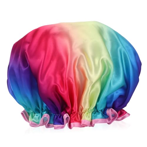 DRESSOOS Duschhaube aus doppellagigem Satin Regenbogen-Duschvorhänge Haarhaube für die Dusche halstuch damen mütze wiederverwendbare Duschhaube Duschhauben für Damen Backöl große Duschhaube von DRESSOOS