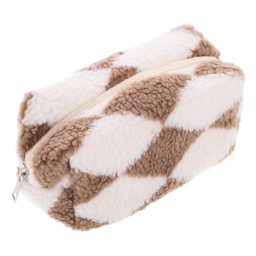 DRESSOOS Kariertes Make up Täschchen Flauschige Kosmetiktasche Für Reisen Süße Bleistifttasche Aufbewahrungstasche Für Damen Praktische Kulturtasche in Khaki von DRESSOOS