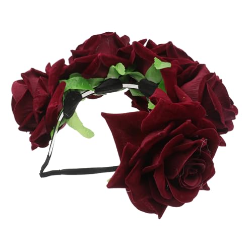 DRESSOOS Frauen Haarreifen haarschmuck frisierumhang Hochzeit Blumenhaarkrone Halloween-Rosenblumenkrone Stirnband Brautkopfschmuck mit Blumen floraler Haarreif die Blumen Kopfbedeckung rot von DRESSOOS