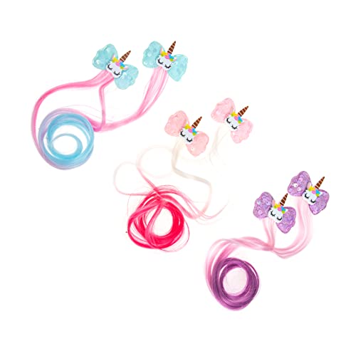 DRESSOOS Bunte Kinderperücke Mit Einhorn Clip 3 Paar Haarspangen Farbige Haarverlängerungen Für Mädchen Schleifenknoten Haarschmuck Für Geburtstagsfeiern Und Festliche Anlässe von DRESSOOS