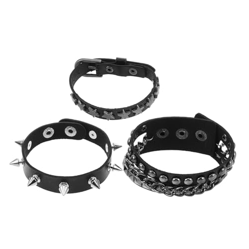 DRESSOOS Mehrlagiges Punk Lederarmband Herren Damen Nieten Armband Verstellbar Streetstyle Festival Accessoire Schwarzes Faux Manschetten Wickelarmband Vintage Rock Wristband von DRESSOOS