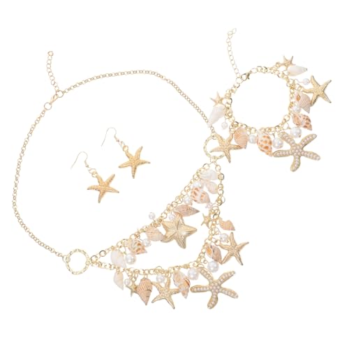 DRESSOOS Sommerliches Strand Schmuckset Damen mit Muschel Anhänger Stil Halskette Armband und Sternförmigen Ohrringen Leicht Langlebig Modisch für Party und Alltag von DRESSOOS