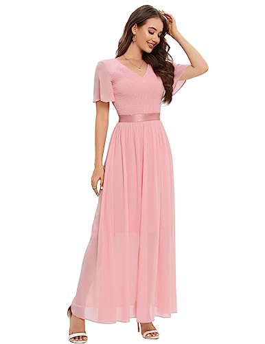 DRESSTELLS Abendkleid Damen Lang A-Linie Kleid Damen Cocktailkleid Elegant für Hochzeit Abschlusskleid Chiffon Hochzeitsgast Blush 2XL von DRESSTELLS