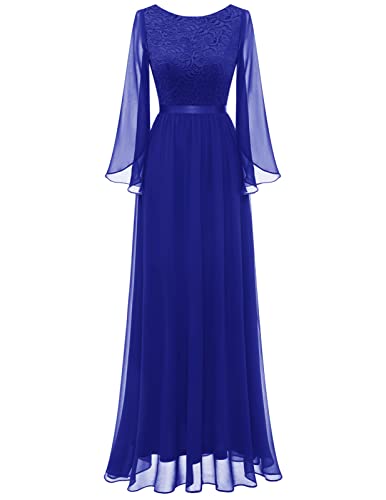 DRESSTELLS Abendkleid Lang Elegant für Hochzeit Formelle Abschlusskleider Chiffon Ballkleider mit Langen Ärmeln Royal Blue M von DRESSTELLS