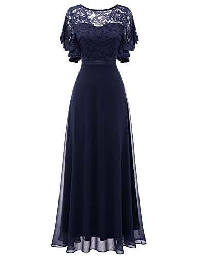 DRESSTELLS Abendkleid Lang Elegant für Hochzeit Kleid mit Ärmel Kleid Elegant Damen Festlich Navy M von DRESSTELLS