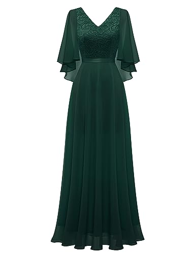 DRESSTELLS Abendkleid Lang mit Ärmeln Lang Ballkleid Cocktailkleid Lang Elegant für Hochzeit Dark Green S von DRESSTELLS