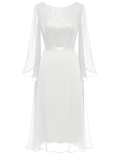 DRESSTELLS Abendkleider Elegant für Hochzeit 3/4 Ärmel Partykleid Kleid Pailletten Festliche Kleider Knielang White L von DRESSTELLS