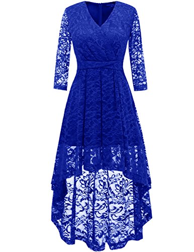 DRESSTELLS Elegant Abendkleider FüR Hochzeit, 3/4 Sleeves Cocktailkleid, UnregelmäSsig Spitzenkleid, Vokuhila Floral Kleid, V Ausschnitt Rockabilly Kleider Damen, Kleid Brautjungfer,Royal Blue S von DRESSTELLS