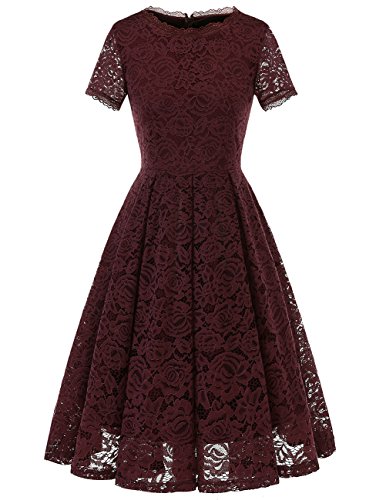 DRESSTELLS Damen Spitzenkleid brautmütter Kleider, Knielang Elegant Brautjungfer Cocktailkleid, Rockabilly Floral Kleid Kurzarm Burgundy 2XL von DRESSTELLS