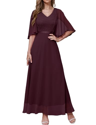 DRESSTELLS Ballkleider Damen Lang Chiffon Ärmeln Abendkleid Elegant Hochzeitsgast Burgundy M von DRESSTELLS