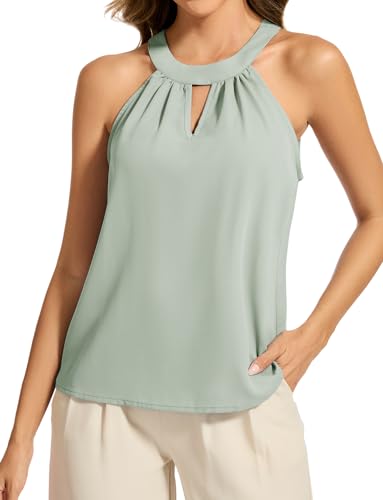 DRESSTELLS Bluse Damen Elegant Neckholder Ärmellose Oberteile Salbeigrün Sommer Top V-Cut Schlüsselloch Einfarbig Chiffon Tops Casual Blusenshirt Sage XL von DRESSTELLS