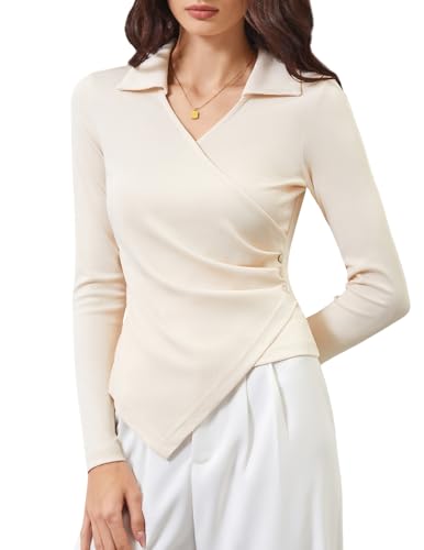 DRESSTELLS Bluse Damen Elegant Lang Ärmel mit V-Ausschnitt Lässig Arbeit Blusen Tunika Shirt Tops Apricot L von DRESSTELLS