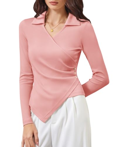 DRESSTELLS Bluse Damen Elegant Lang Ärmel mit V-Ausschnitt Lässig Arbeit Blusen Tunika Shirt Tops Blush L von DRESSTELLS