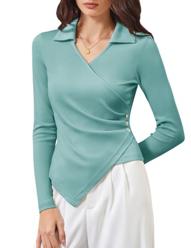 DRESSTELLS Bluse Damen Elegant Lang Ärmel mit V-Ausschnitt Lässig Arbeit Blusen Tunika Shirt Tops LightGreen XL von DRESSTELLS