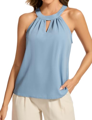 DRESSTELLS Bluse Damen Elegant Neckholder Ärmellose Oberteile Blau Sommer Top V-Cut Schlüsselloch Einfarbig Chiffon Tops Casual Blusenshirt Haze Blue L von DRESSTELLS