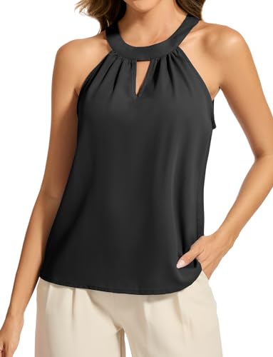 DRESSTELLS Bluse Damen Elegant Neckholder Ärmellose Oberteile Schwarz Sommer Top V-Cut Schlüsselloch Einfarbig Chiffon Tops Casual Blusenshirt Black XL von DRESSTELLS