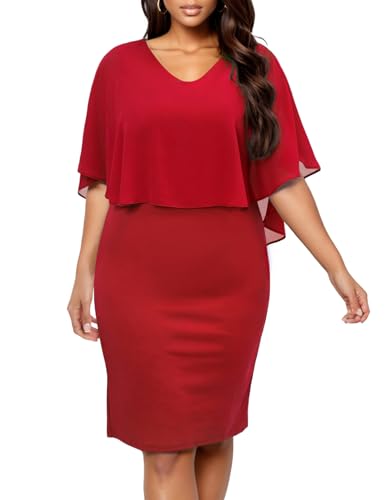 DRESSTELLS Bodycon Plus Size Kleider für Hochzeitsgast, Bodycon Plus Size Cocktailkleider für Damen, Plus Size Midi Kleider Rot 2XL von DRESSTELLS