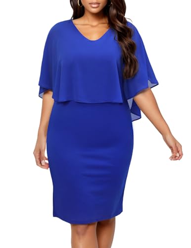 DRESSTELLS Damen Große Größe Abendkleid Chiffon Cape Elegant Jugendweihe Kleider Hochzeit V-Ausschnitt Knielang A-Linie Sommer Cocktailkleideid Royal Blue 2XL von DRESSTELLS