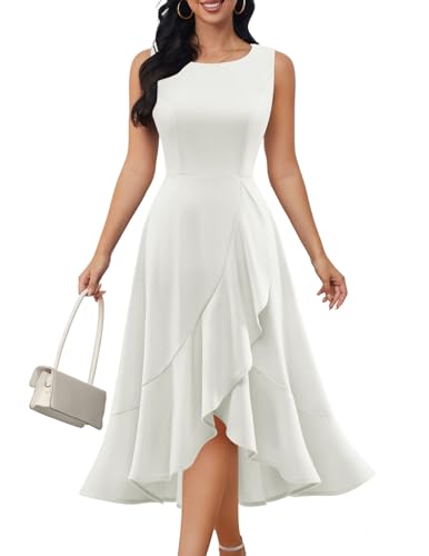 DRESSTELLS Cocktaikleid Damen Hochzeitsgast Festliche Etuikleid Elegant Vintage Curvy Partykleid Hoch-Tief Abendkleid Kurz Sommer Schickes Swing Kleid White M von DRESSTELLS