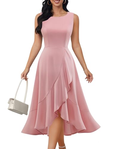 DRESSTELLS Cocktaikleid Damen Hochzeitsgast Festliche Etuikleid Elegant Vintage Curvy Partykleid Rosa Große Größen Hoch-Tief Abendkleid Kurz Sommer Schickes Swing Kleid Blush 2XL von DRESSTELLS