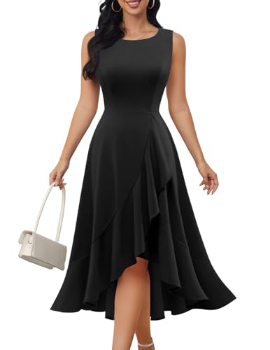 DRESSTELLS Cocktaikleid Damen Hochzeitsgast Festliche Etuikleid Elegant Vintage Curvy Partykleid Schwarz Hoch-Tief Abendkleid Kurz Sommer Schickes Swing Kleid Black L von DRESSTELLS