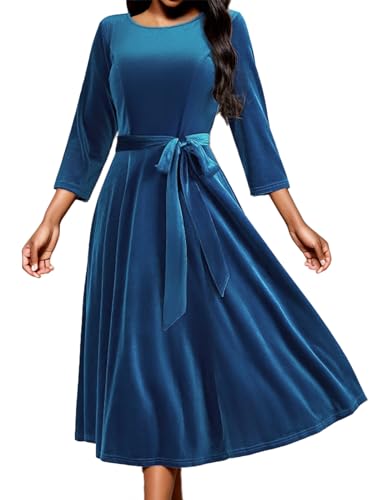 DRESSTELLS Damen Elegant Cocktailkleid Samt Partykleider Winter Formal Kleid 3/4 Arm Midilang Abendkleid Velvet Greyblue XL von DRESSTELLS