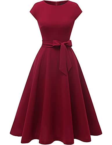 DRESSTELLS Cocktailkleid Damen Bordeaux Abendkleid Kurz Elegant 1950er Knielang Rockabilly Hochzeitkleid Vintage A-Line Swing Festlich Midilang Sommer Kleid Burgundy M von DRESSTELLS