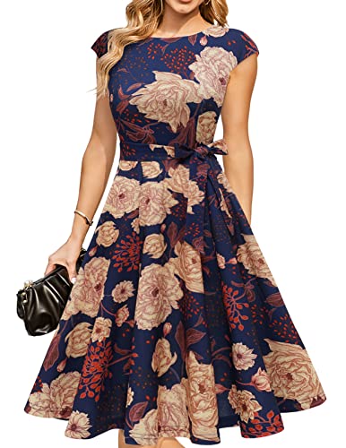 DRESSTELLS Cocktailkleid Damen Elegant 1950er Knielang Rockabilly Hochzeitkleid Abendkleid Kurz Vintage A-Line Swing Festlich Midilang Sommer Kleid Navy Yellow Flower XL von DRESSTELLS