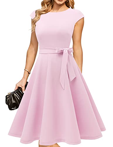 DRESSTELLS Cocktailkleid Damen Elegant 1950er Knielang Rockabilly Hochzeitkleid Rosa Abendkleid Kurz Vintage Swing Festlich Midilang Sommer Kleid Pink M von DRESSTELLS