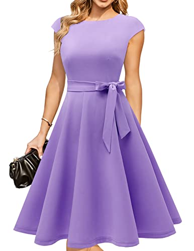 DRESSTELLS Cocktailkleid Damen Elegant 1950er Knielang Rockabilly Hochzeitkleid Vintage Swing Festlich Midilang Lavendel Abendkleid Kurz Sommer Kleid Lavender 3XL von DRESSTELLS