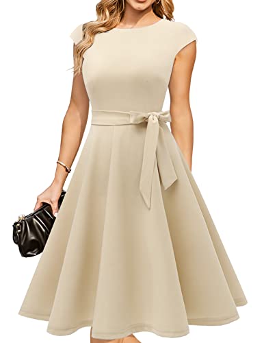DRESSTELLS Cocktailkleid Damen Elegant Beige 1950er Knielang Rockabilly Hochzeitkleid Vintage A-Line Swing Festlich Midilang Sommerkleid Abendkleid Kurz Champagne Size in S von DRESSTELLS