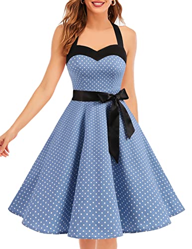 DRESSTELLS Cocktailkleid Damen Elegant Rockabilly Kleider Etuikleid Festlich Vintage Kleid Curvy Große Größen Neckholder Partykleid Jugendliche Sommerkleid Knielang Blue Small White Dot 3XL von DRESSTELLS