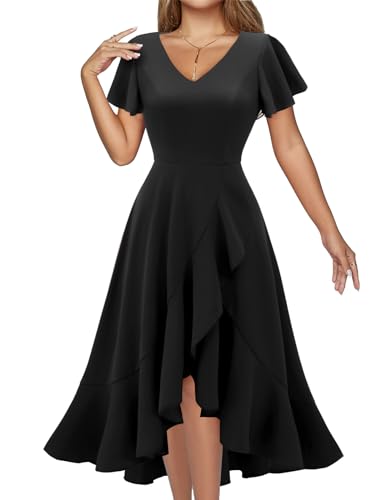 DRESSTELLS Cocktailkleid Damen Elegant Schwarz Vintage Rockabilly Kleid Knielang Abendkleid V-Ausschnitt Hochtief Partykleid Rüschensaum Sommerkleid Black XL von DRESSTELLS