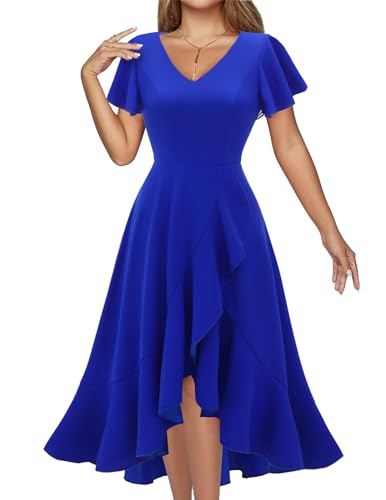 DRESSTELLS Cocktailkleid Damen Elegant Vintage Rockabilly Kleid Blau Abendkleid Knielang V-Ausschnitt Rüschensaum Partykleid Hochtief Sommerkleid Royalblue S von DRESSTELLS