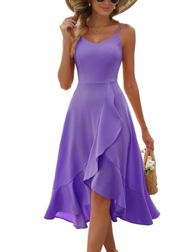 DRESSTELLS Cocktailkleid Damen Festlich Träger Hochtief Kleider Lila für Hochzeit Knielang Rüschensaum Sommerkleid Boho Elegantes Partykleid Lavender L von DRESSTELLS