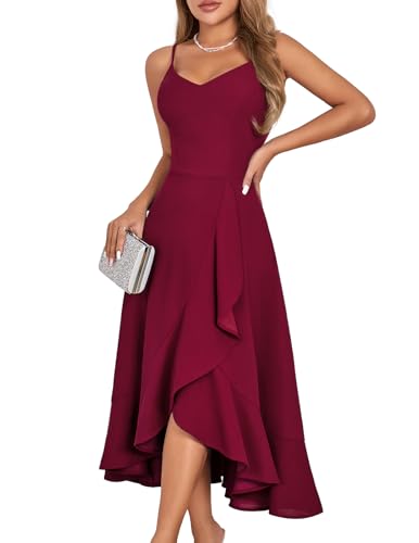 DRESSTELLS Cocktailkleid Damen Festlich Träger Hochtief Kleider für Hochzeit Knielang Rüschensaum Sommerkleid Große Größen Elegantes Partykleid Burgundy 2XL von DRESSTELLS
