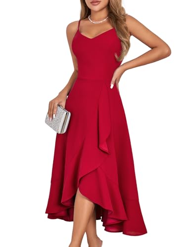 DRESSTELLS Cocktailkleid Damen Festlich Träger Hochtief Kleider für Hochzeit Rot Knielang Rüschensaum Sommerkleid Große Größen Elegantes Partykleid Red 2XL von DRESSTELLS