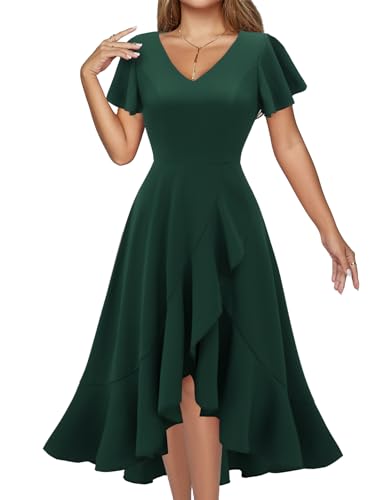 DRESSTELLS Cocktailkleid Damen Festlich Vintage Rockabilly Kleid Grün Hochtief Partykleid Knielang V-Ausschnitt Abendkleid Rüschen Sommerkleider DarkGreen 2XL von DRESSTELLS
