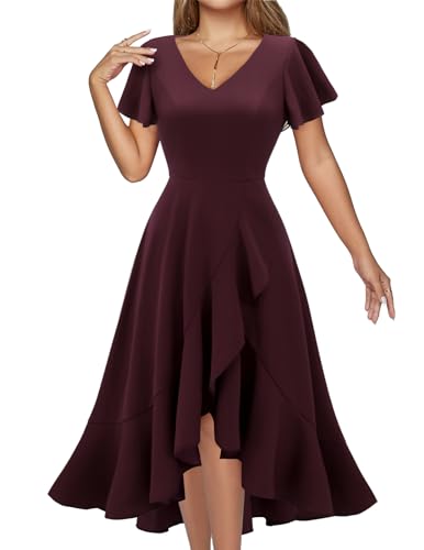 DRESSTELLS Cocktailkleid Damen Festlich Vintage Rockabilly Kleid Hochtief Abendkleid Knielang V-Ausschnitt Partykleid Rüschensaum Sommerkleid Burgundy L von DRESSTELLS